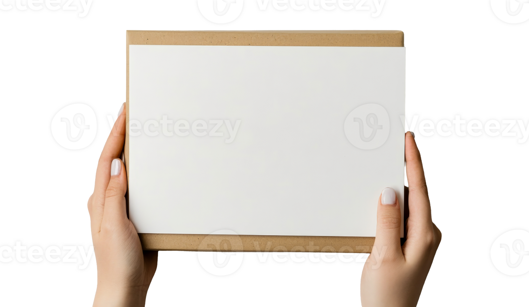 Hands holding cardboard box with paper sheet mockup, cut out transparent png