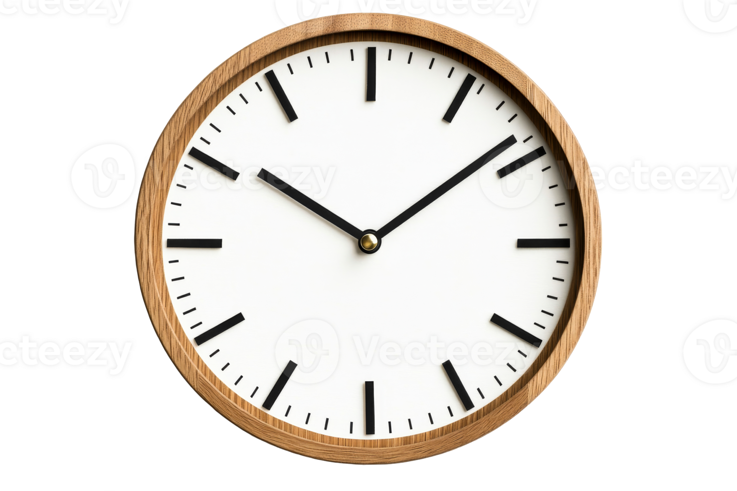 Modern clock with wood frame and white face, cut out transparent png