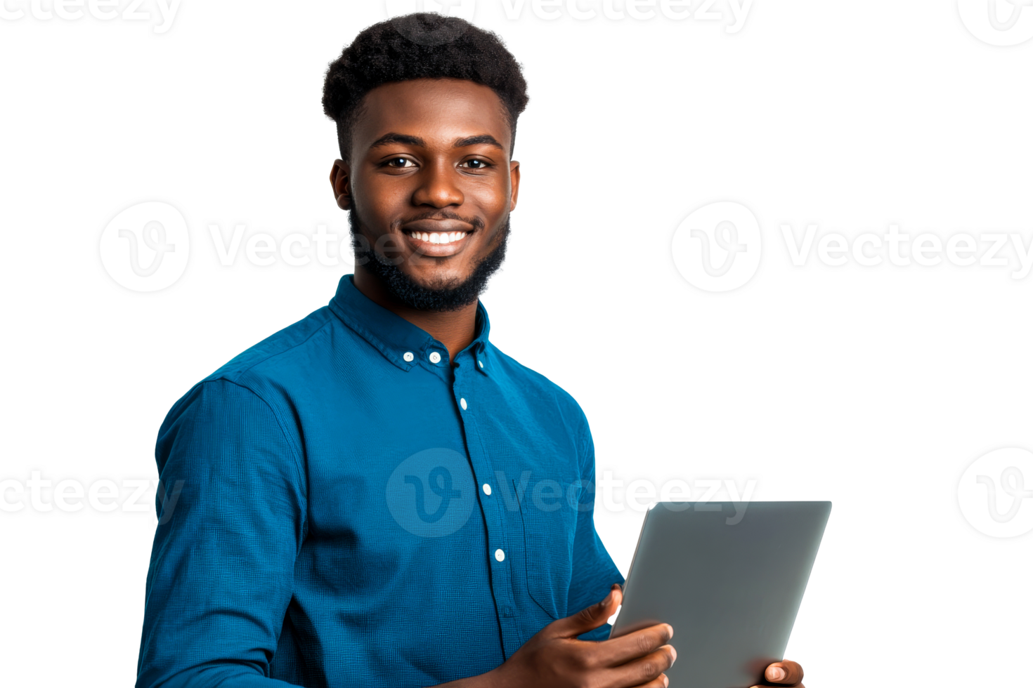 Smiling man with tablet in hand in studio, cut out transparent png