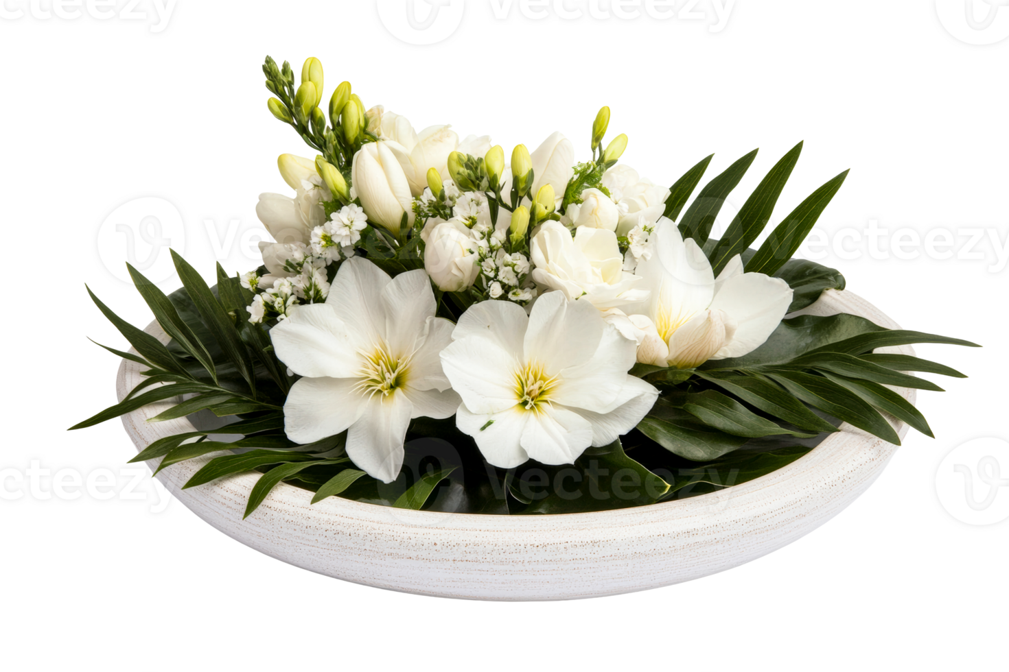 Arrangement of White Flowers in Bowl, cut out transparent png