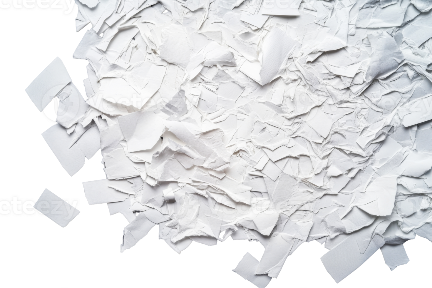 Heap of neatly arranged white paper scraps against black background, cut out transparent png
