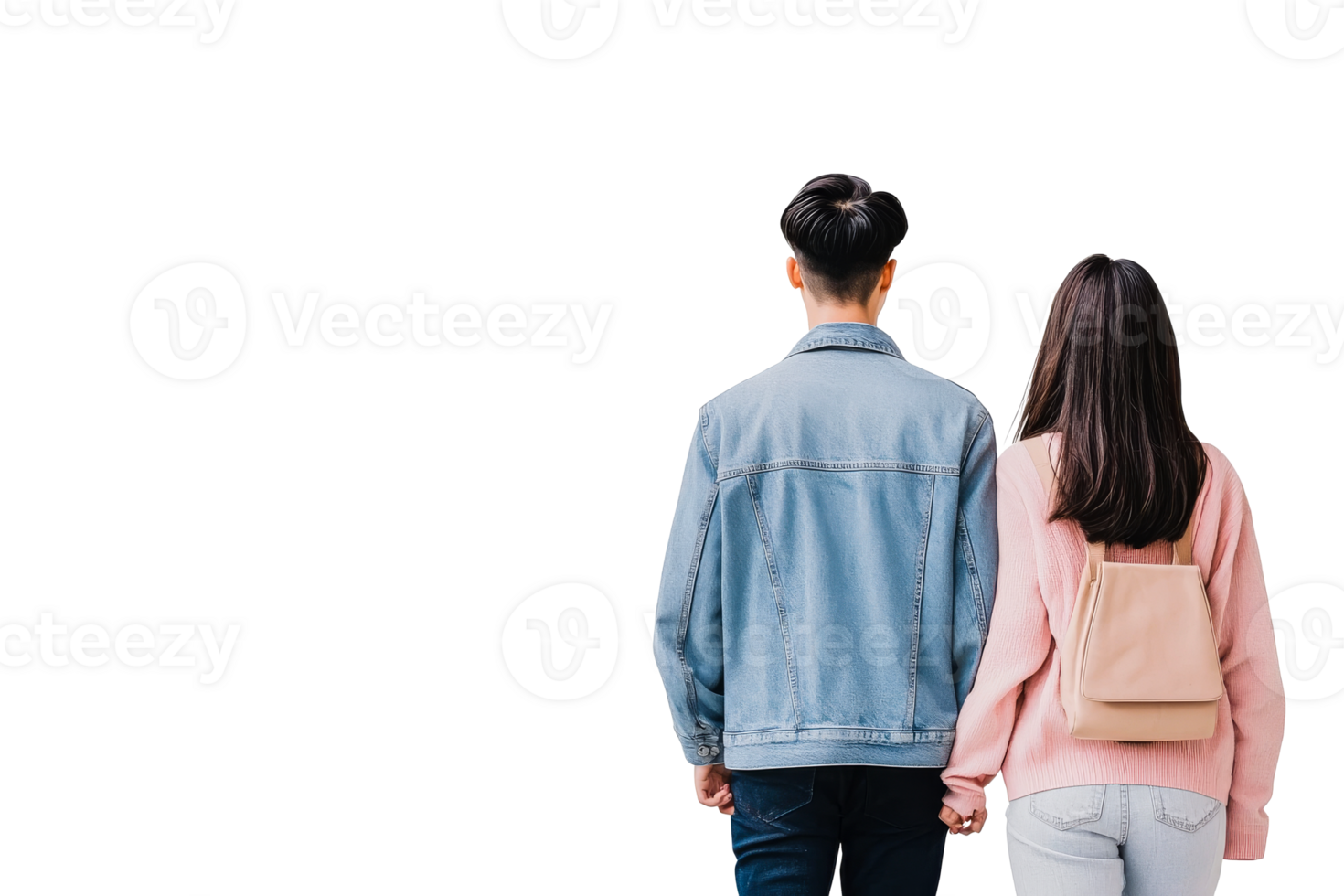 Young couple walk hand in hand, back view, love, together, cut out transparent png