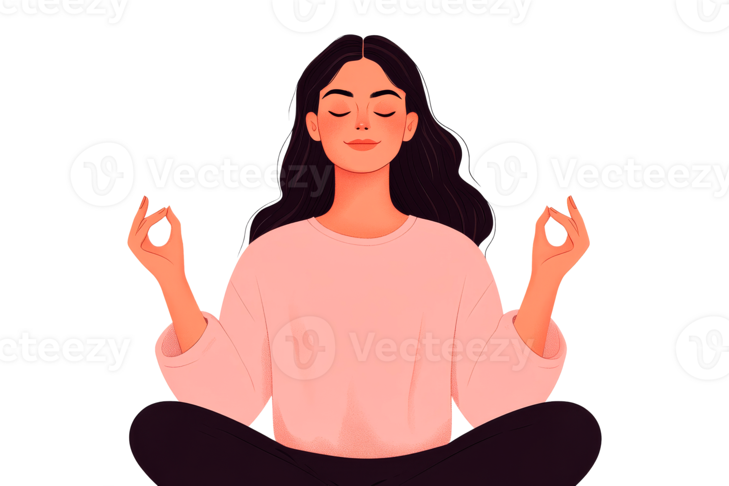 Woman meditating with closed eyes in comfortable clothes, cut out transparent png
