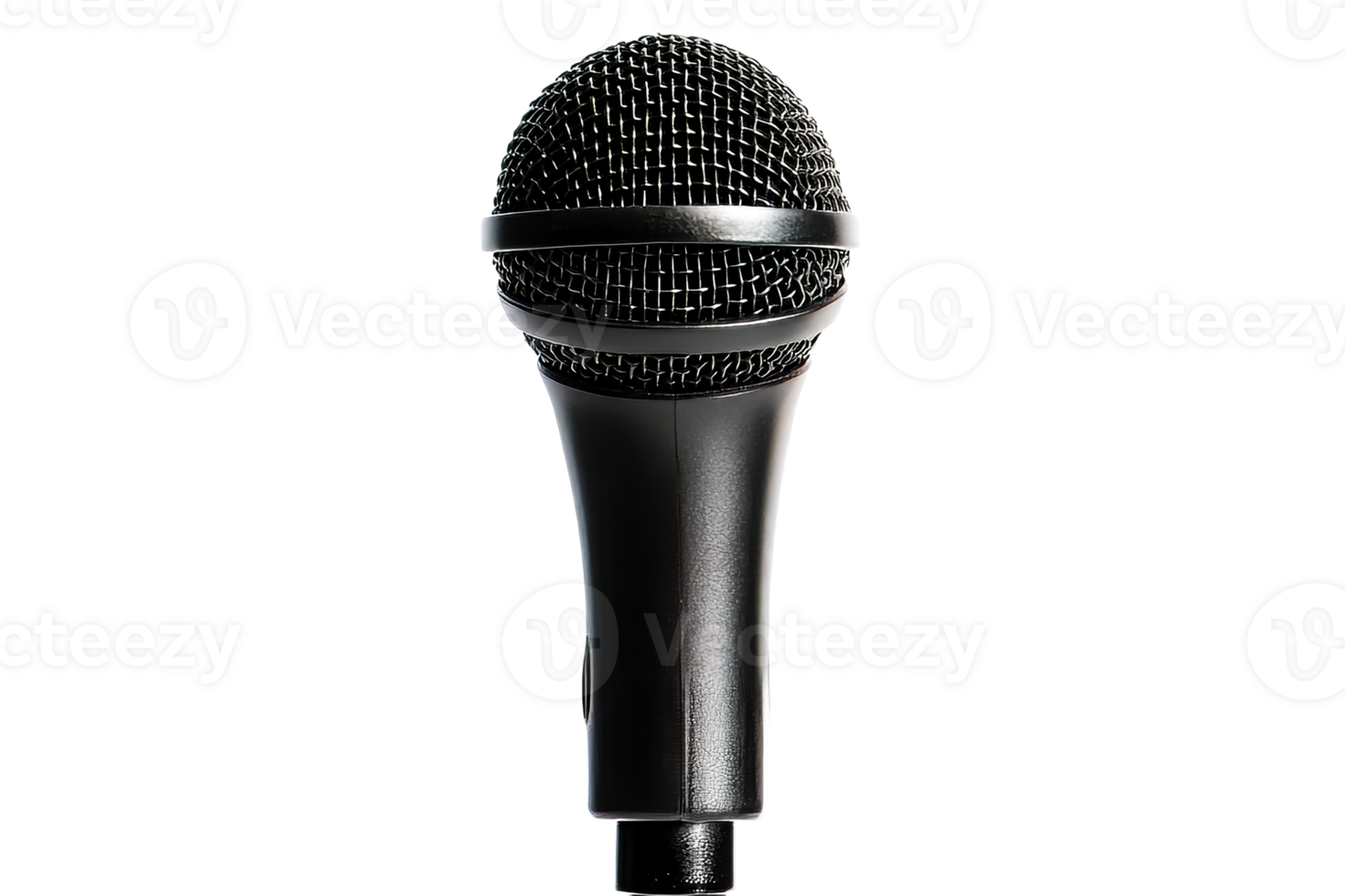 Black microphone in focus, on black background, cut out transparent png