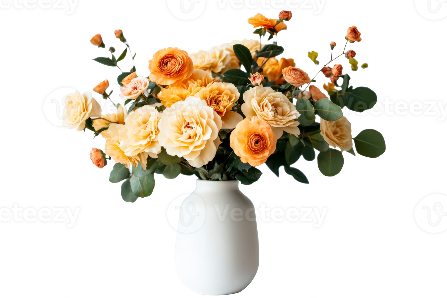 Creamy peach roses bouquet arrangement in vase, cut out transparent png