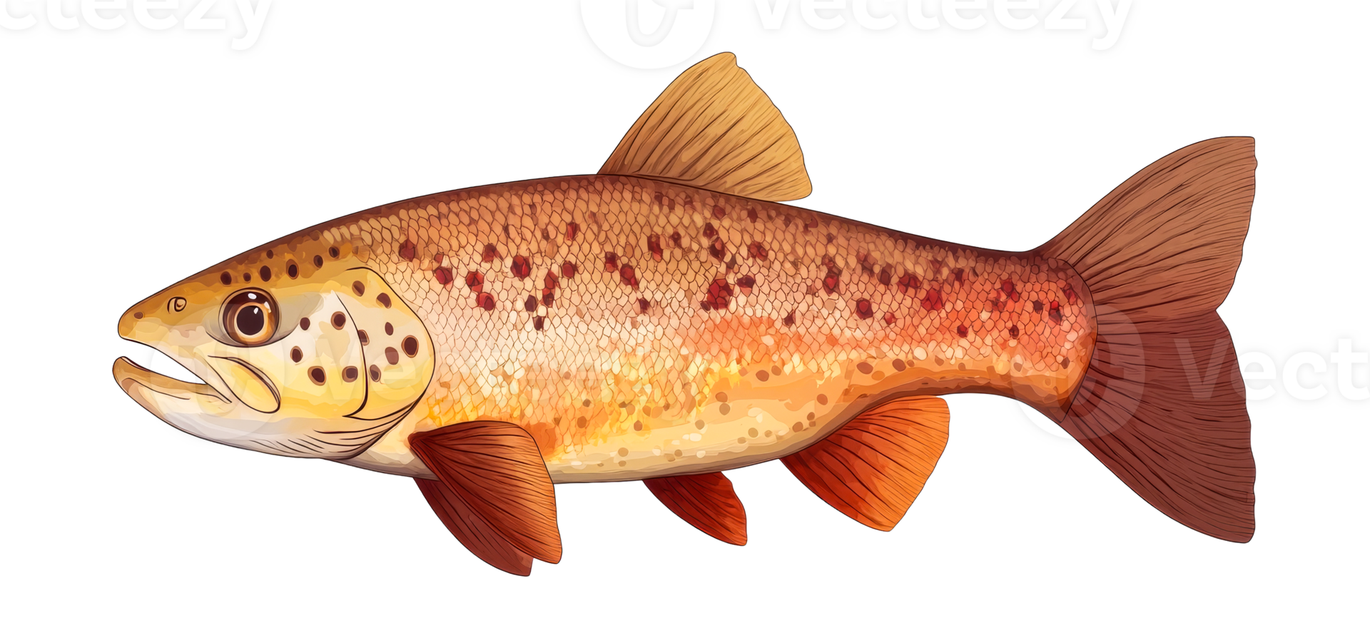 Detailed trout illustration with scales and fins, cut out transparent png