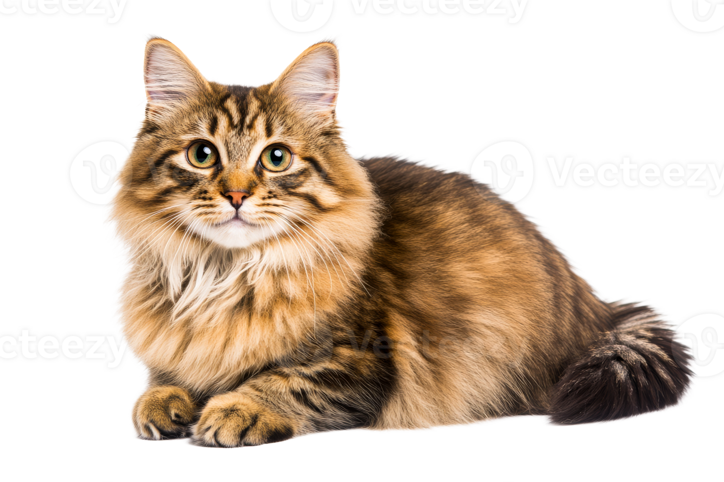 Beautiful fluffy brown tabby cat lying down indoors, cut out transparent png