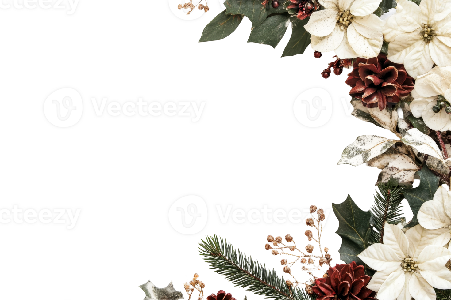 Christmas wreath with poinsettias and pine cones, festive decor, cut out transparent png