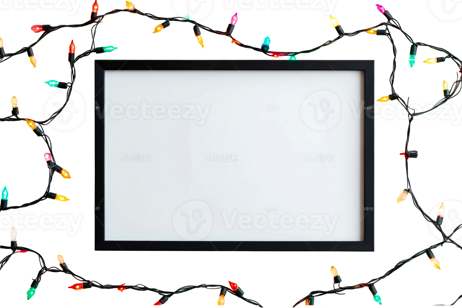 Festive frame adorned with vibrant Christmas lights, cut out transparent png
