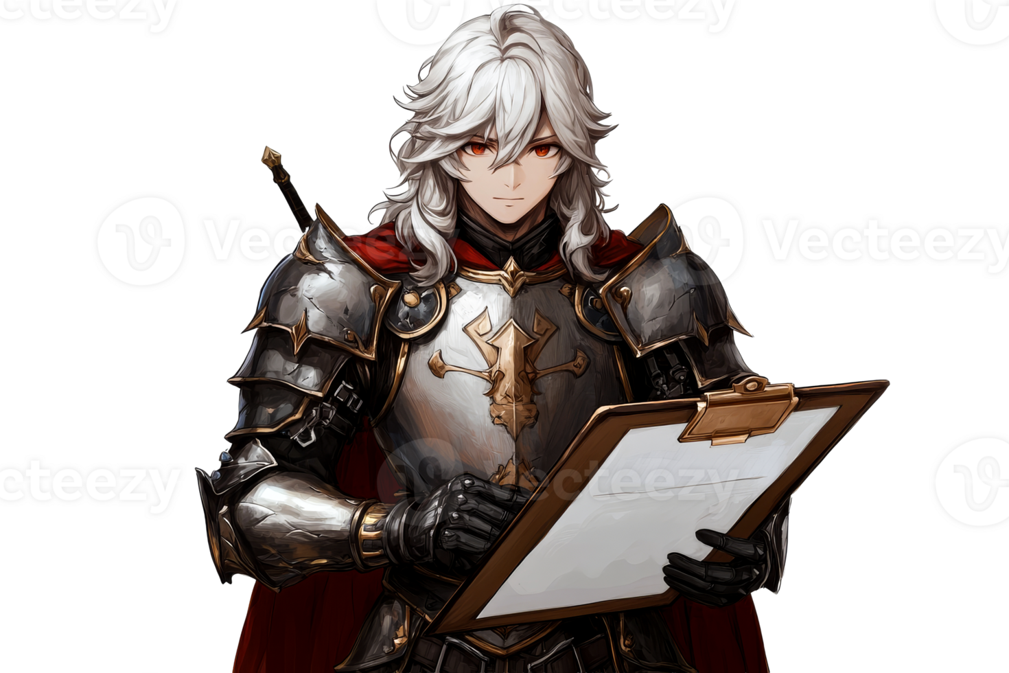 Knight with clipboard, white hair, armor, fantasy, red eyes, cut out transparent png