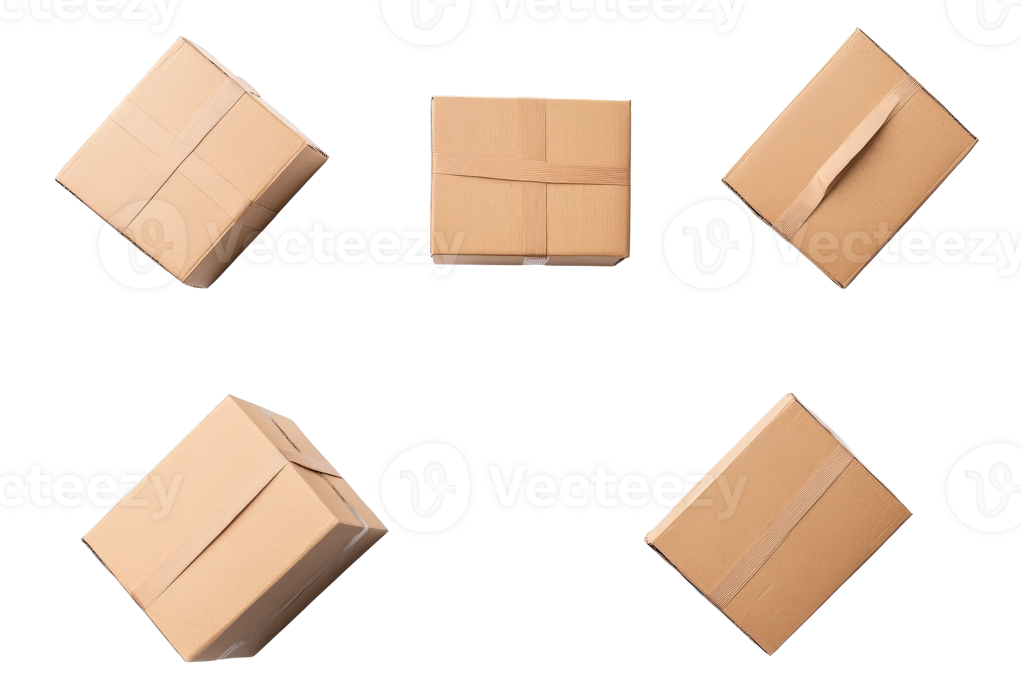 Brown shipping boxes in different angles on black background, cut out transparent png