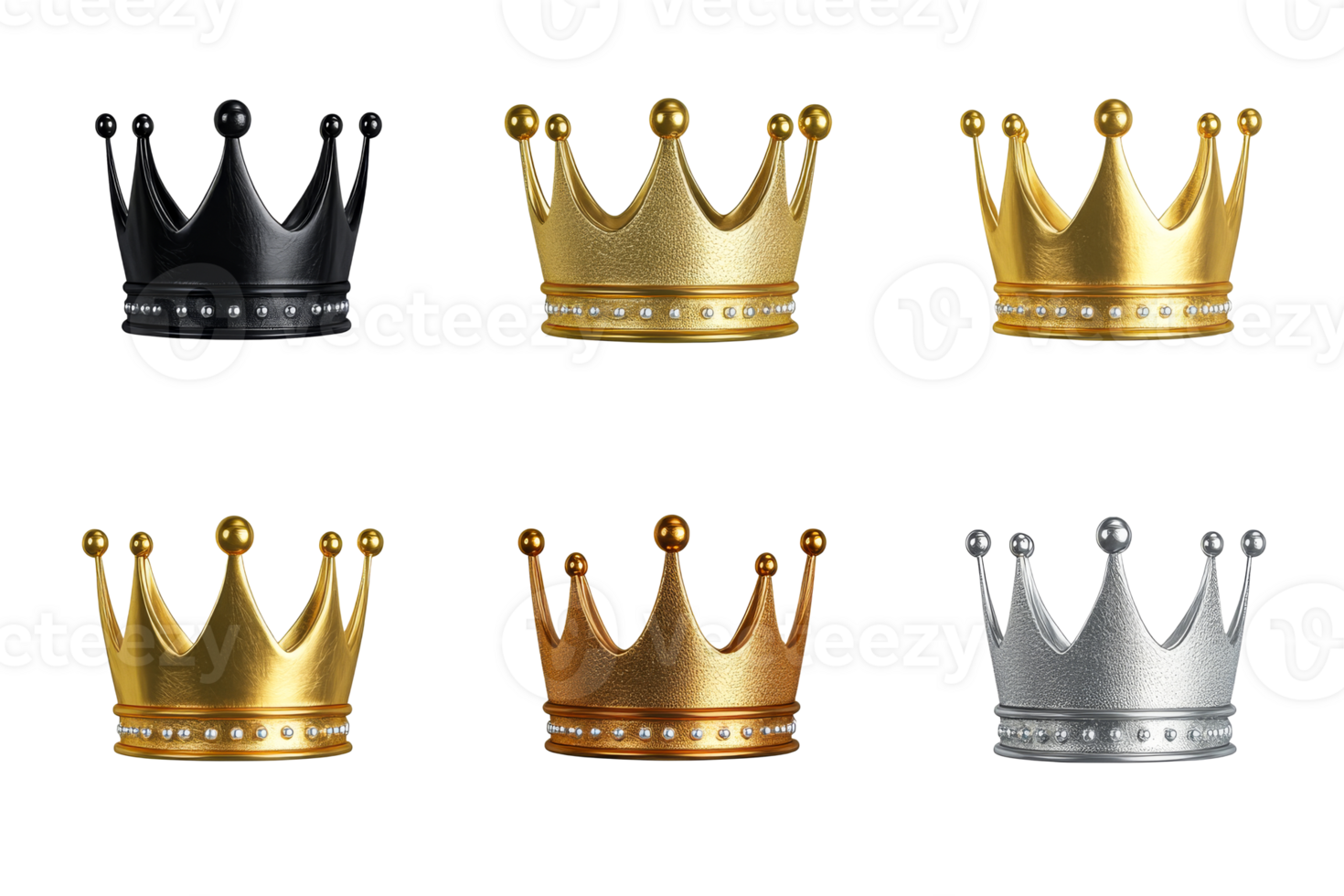 Set of crowns in different colors, symbols of power, cut out transparent png