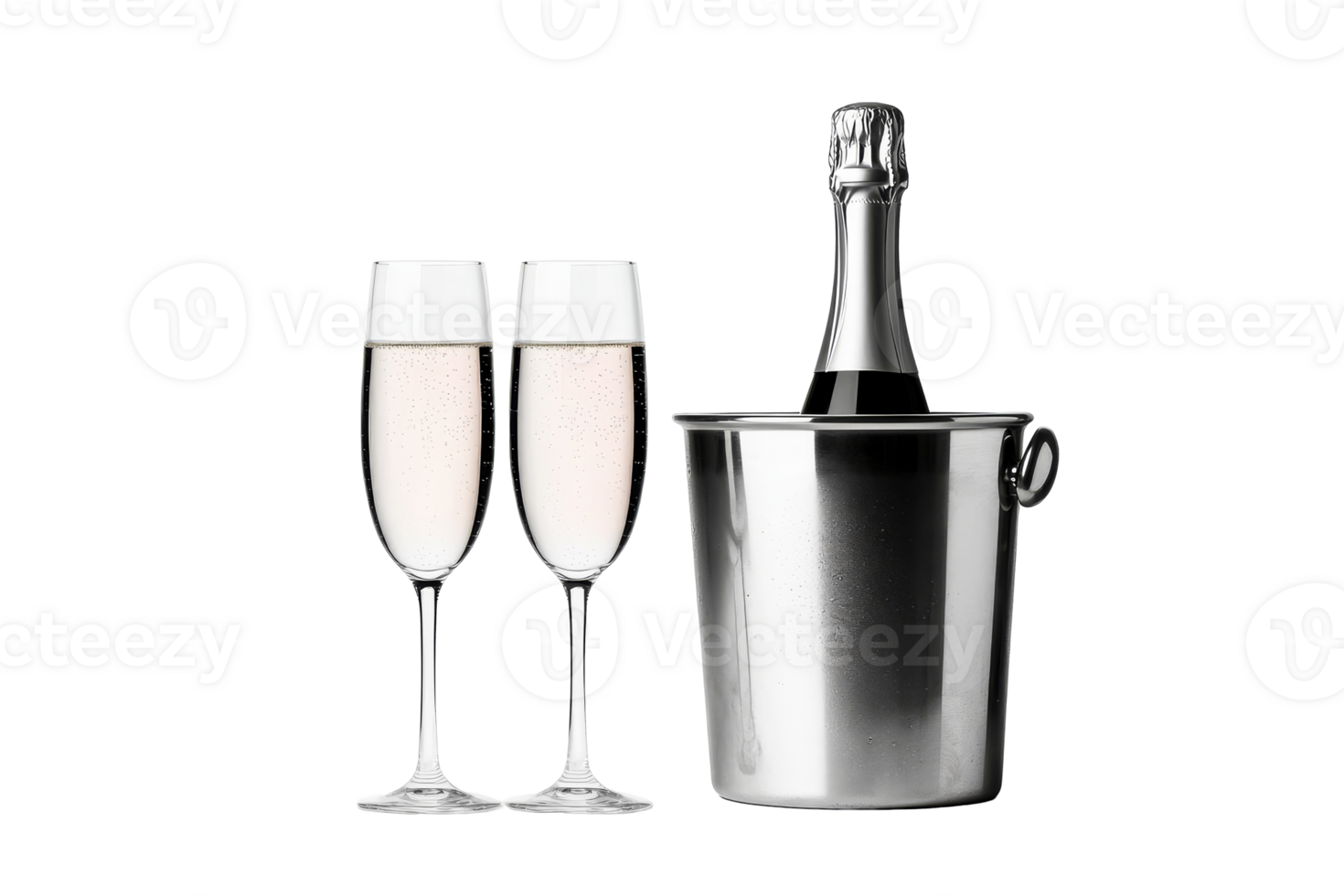 Champagne bottle in bucket with glasses isolated, cut out transparent png