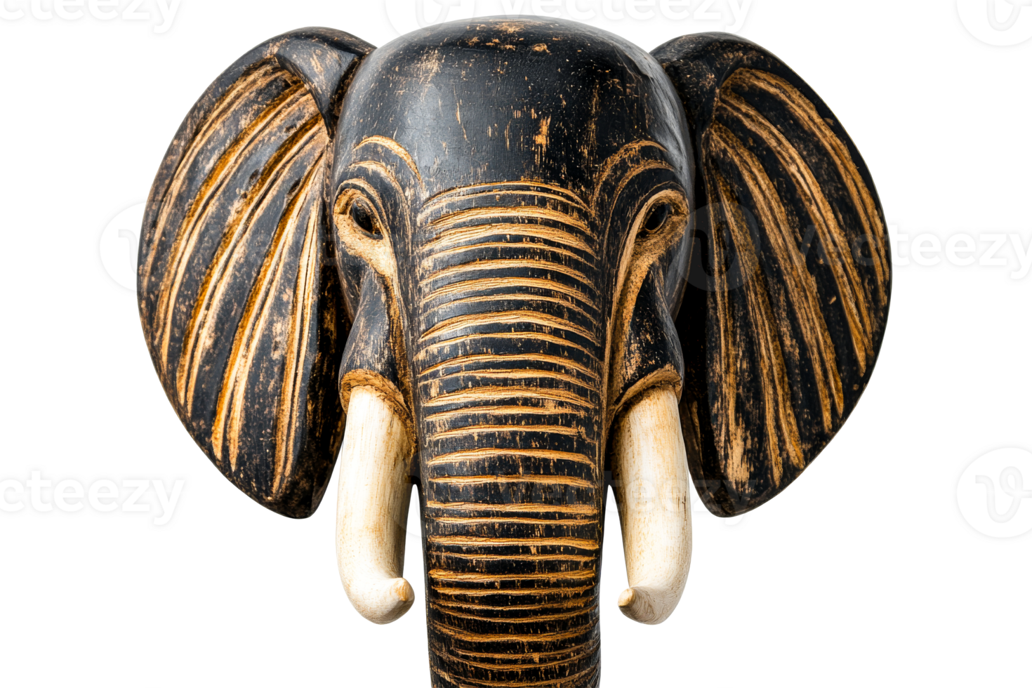 Wooden elephant head with detailed carvings on black backdrop, cut out transparent png