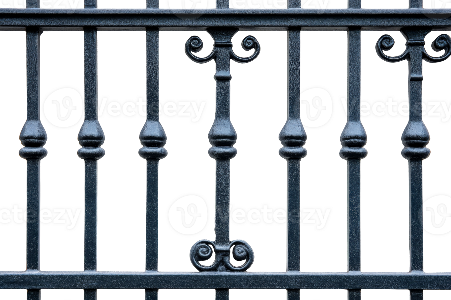 Decorative wrought iron fence detail with scrolls, cut out transparent png
