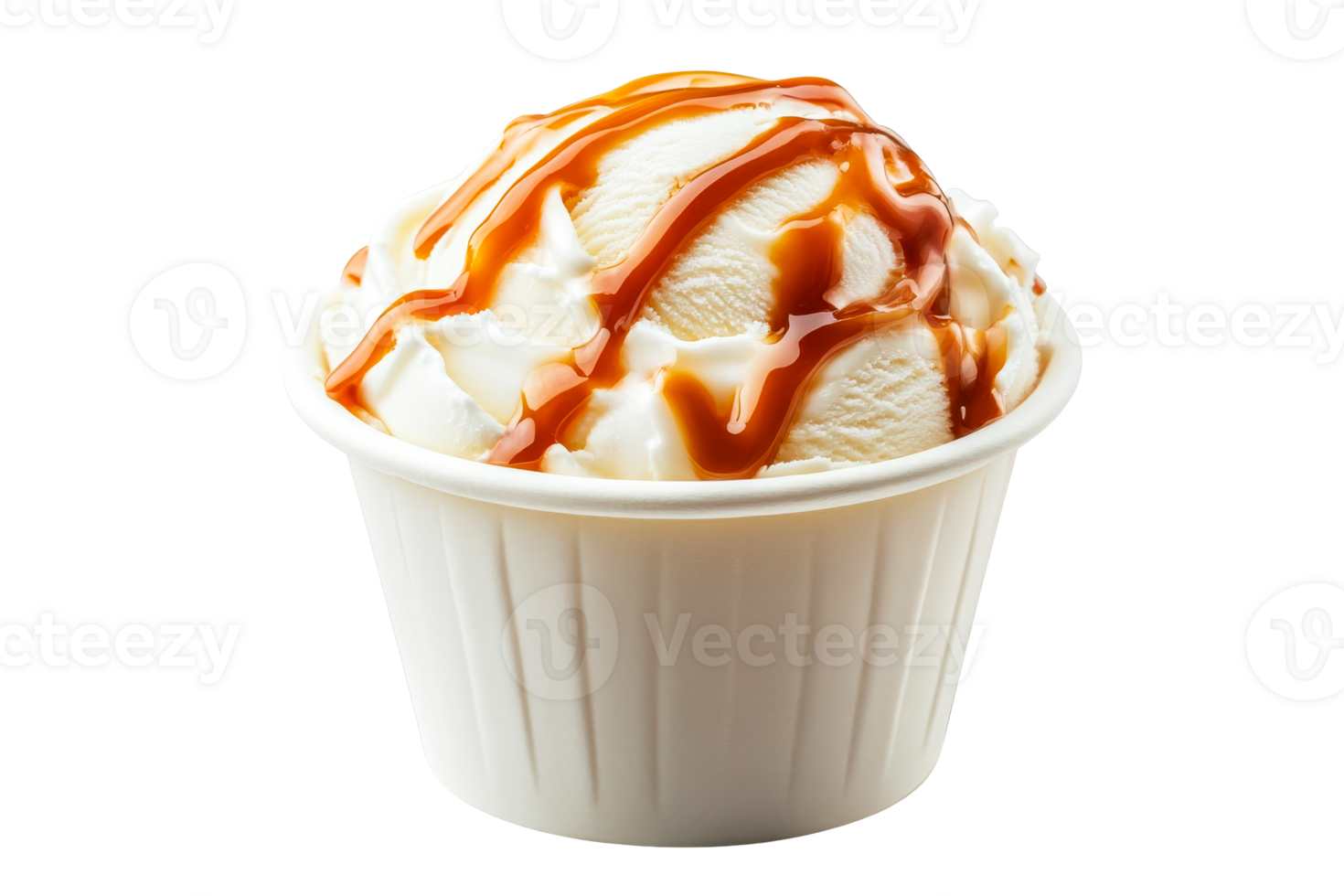 Vanilla ice cream in paper cup with caramel topping, cut out transparent png