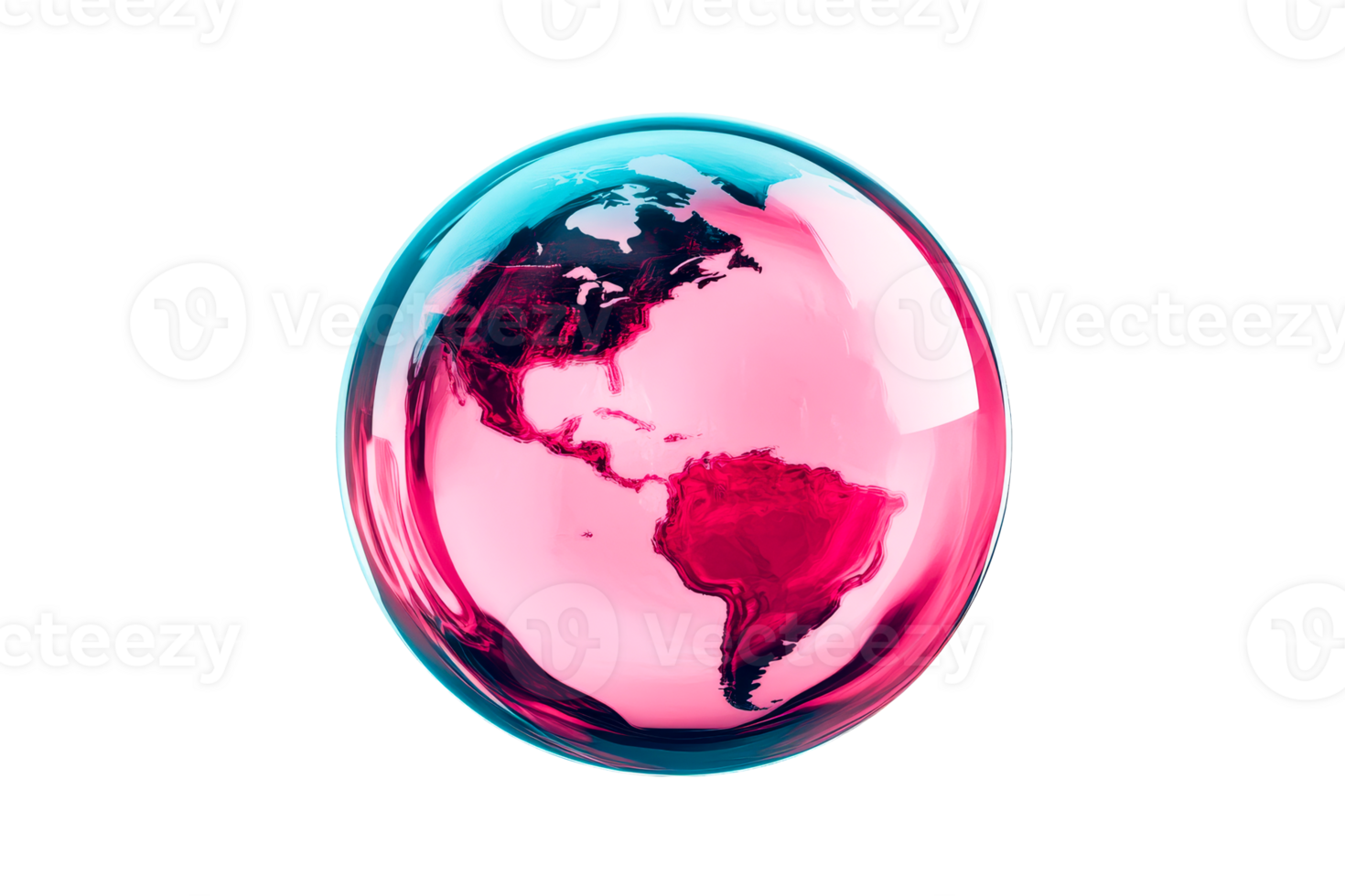 Crystal Earth globe with shiny surface, reflection, continent map, cut out transparent png
