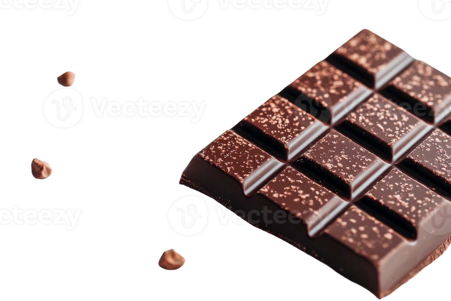 Chocolate bar with toppings and pieces on black background, cut out transparent png