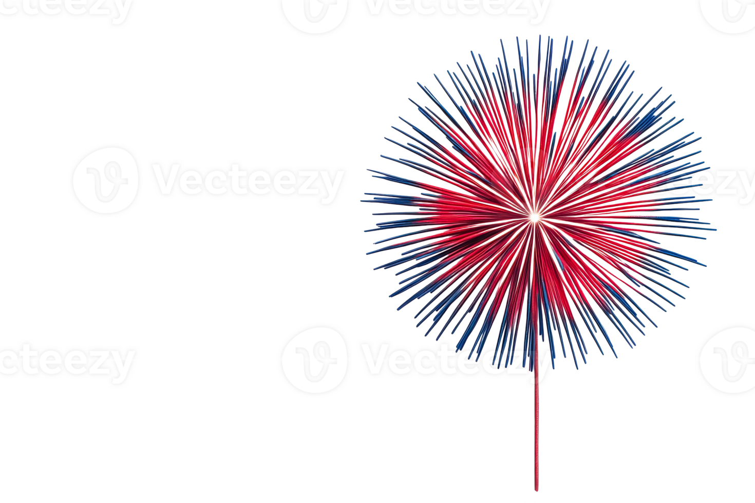 Red and blue exploding firework with tail on black backdrop, cut out transparent png
