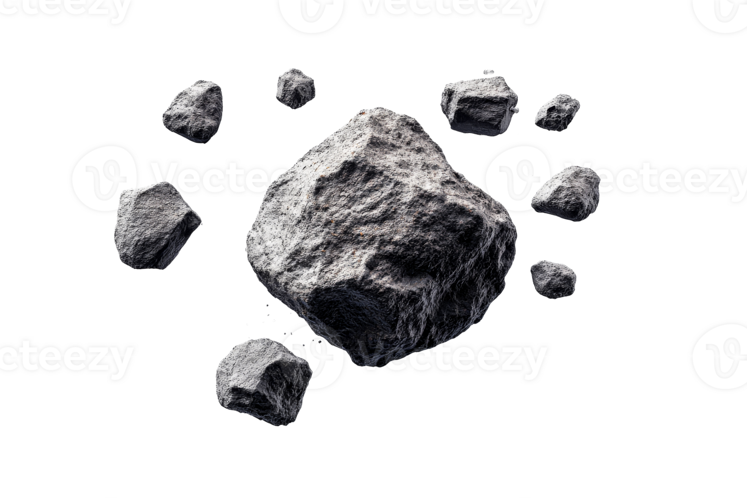Collection gray asteroid rocks in cosmic space, cut out transparent png
