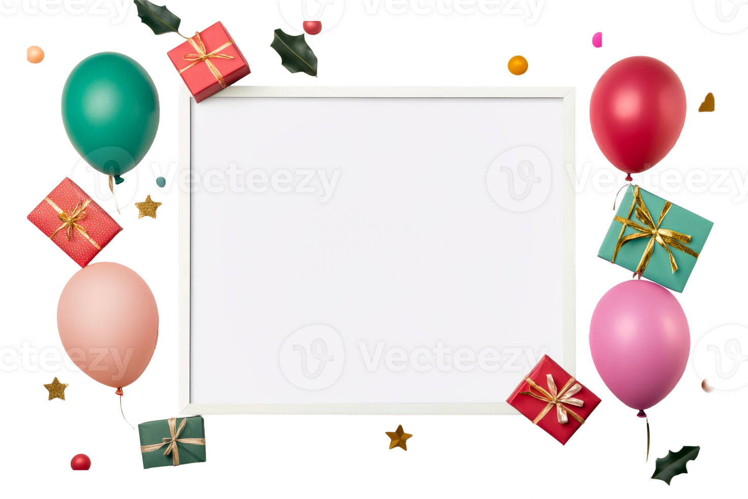 Festive frame with gifts and balloons, cutout transparent png