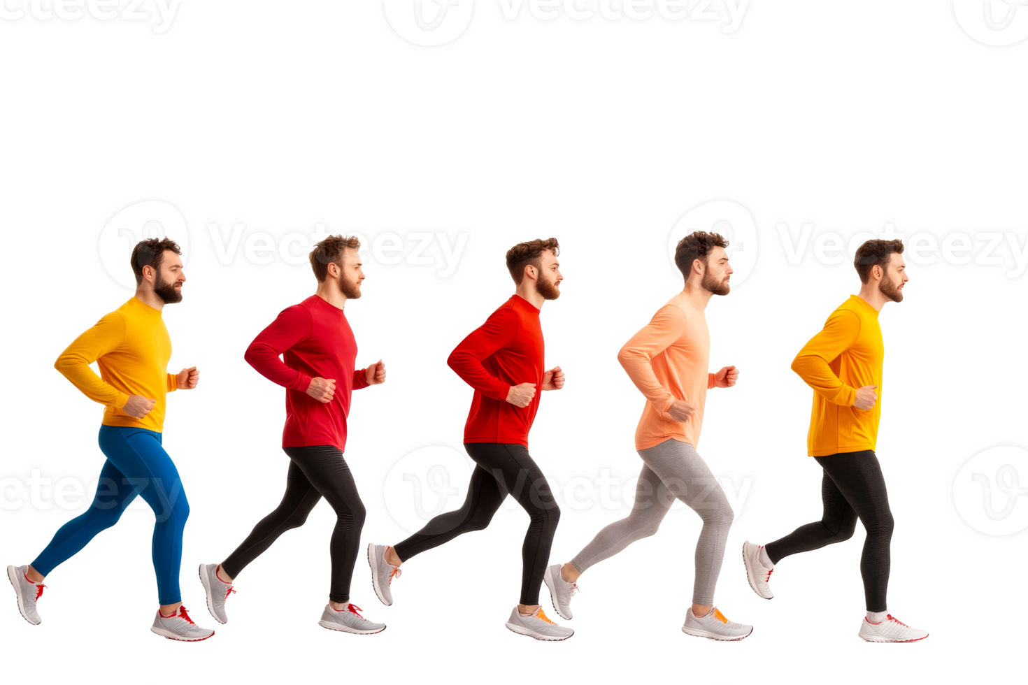Group of male joggers in colorful sportswear, cut out transparent png