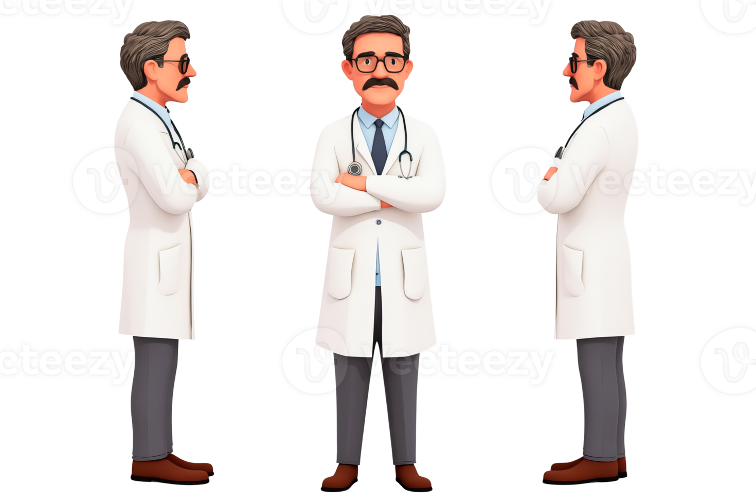 Three cartoon doctor character poses in lab coat, cut out transparent png