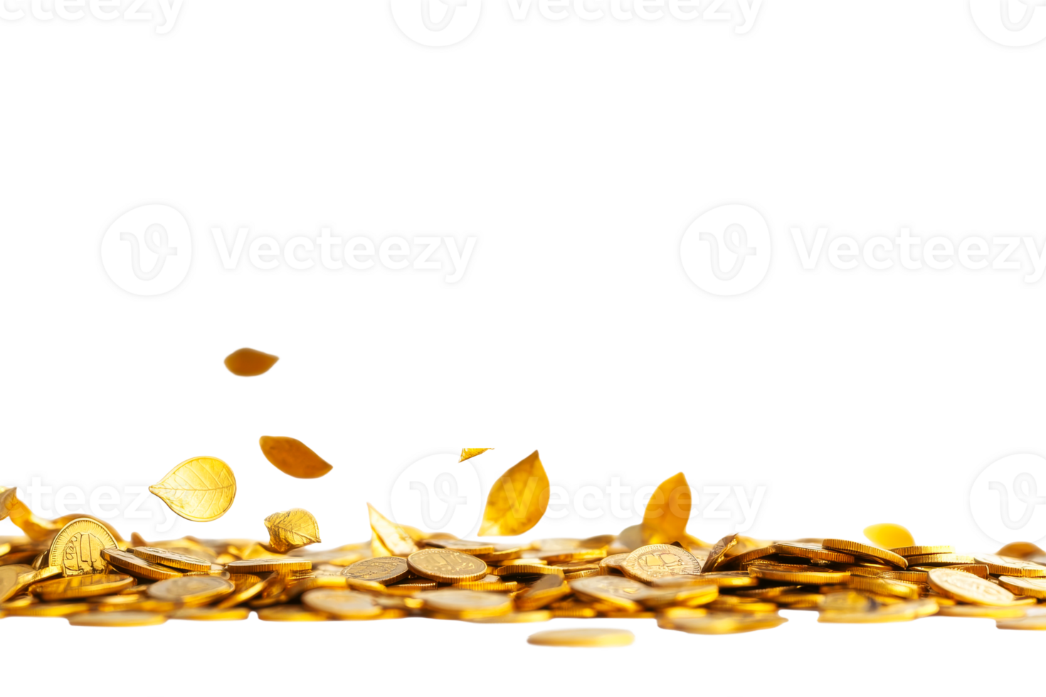 Golden coins and leaves falling in a heap, cut out transparent png
