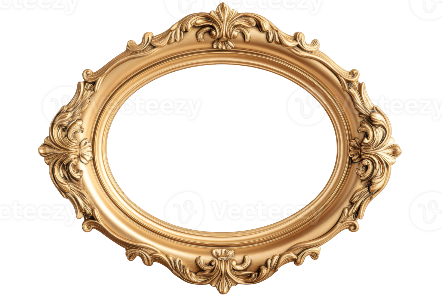Ornate gold picture frame with floral design, isolated, cut out transparent png