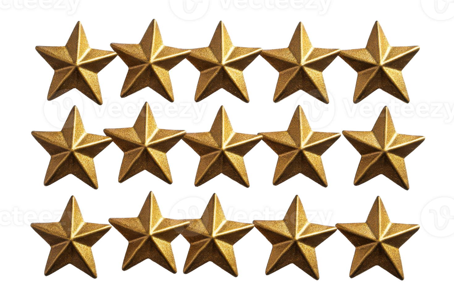 Fifteen golden stars, arranged neatly in rows, cut out transparent png