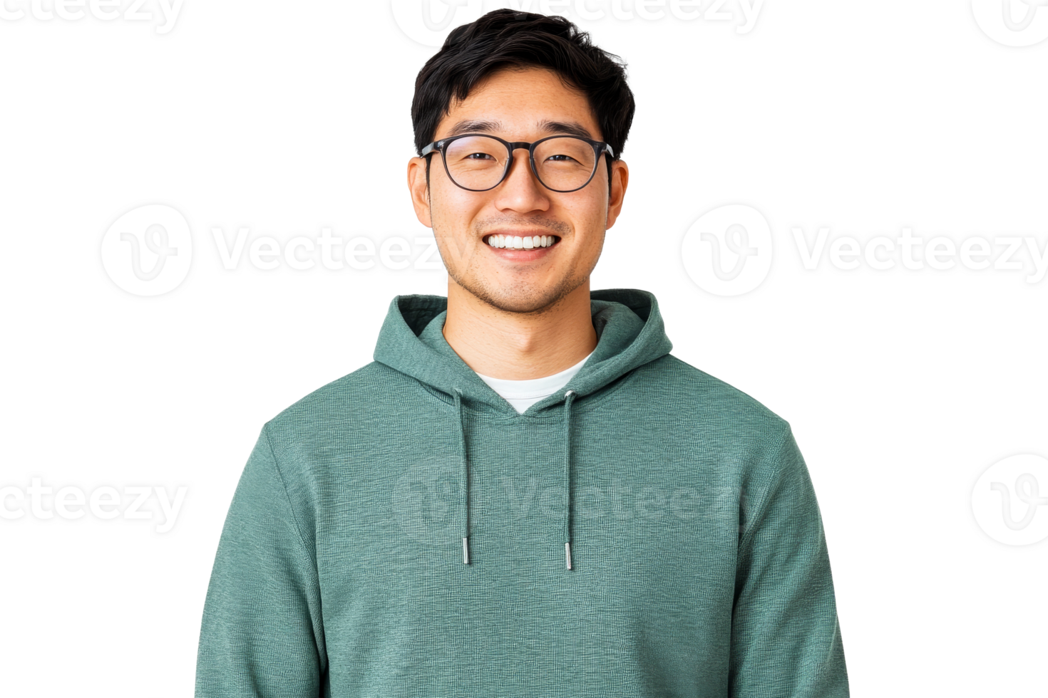 Smiling Asian man in hoodie portrait on black background, cut out transparent png
