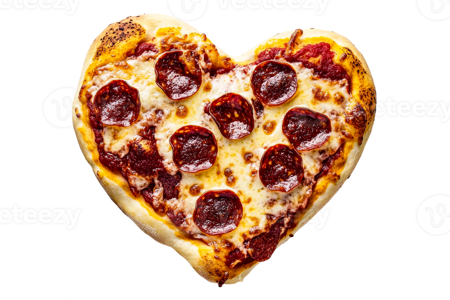 Heart-shaped pepperoni pizza with cheese on black background, cut out transparent png