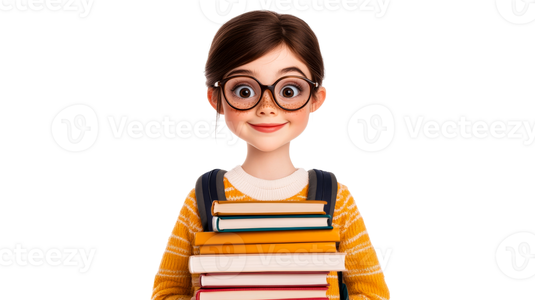 Schoolgirl with stack of books, wearing glasses, with freckles, cut out transparent png