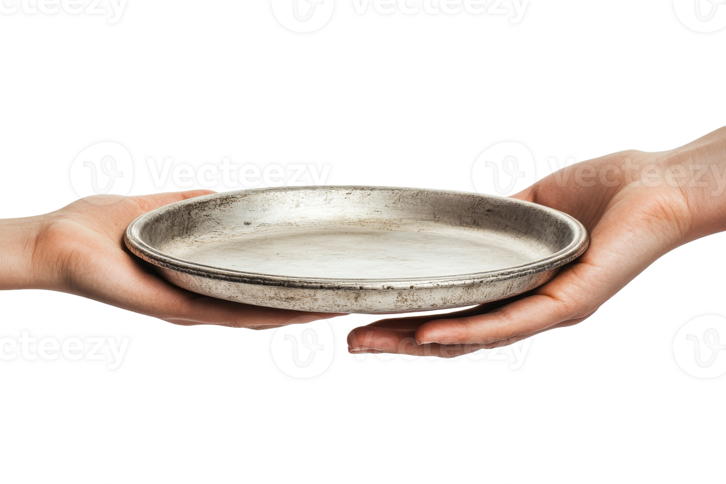Hand holding metal tray, offering gesture, empty plate, cut out transparent png