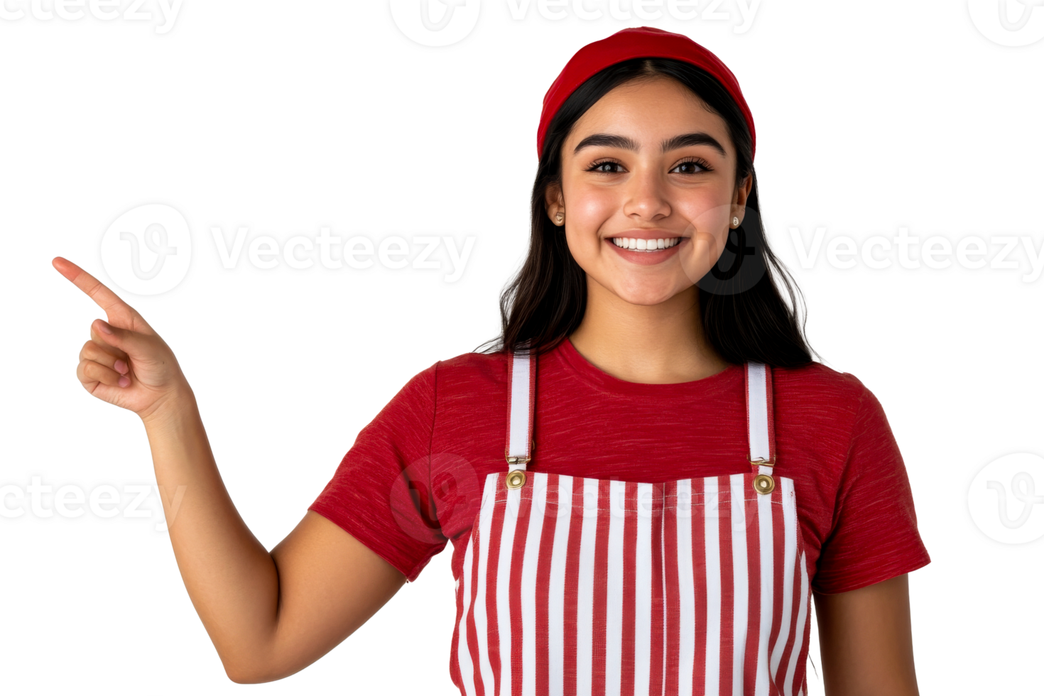 Smiling saleswoman points to the side, cut out transparent png