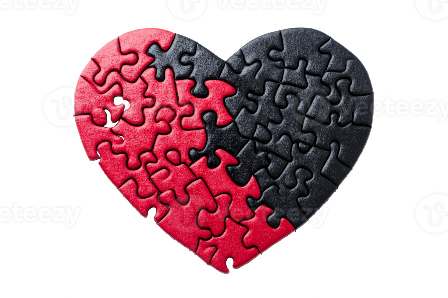 Heart puzzle of red and black pieces on black background, cut out transparent png