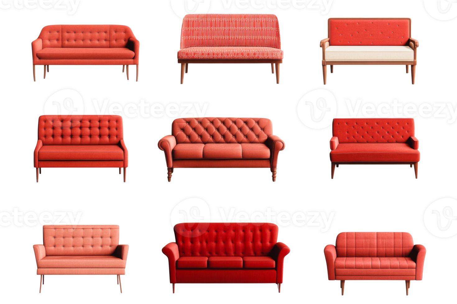 Variety of coral-colored sofas and armchairs, design collection, cut out transparent png