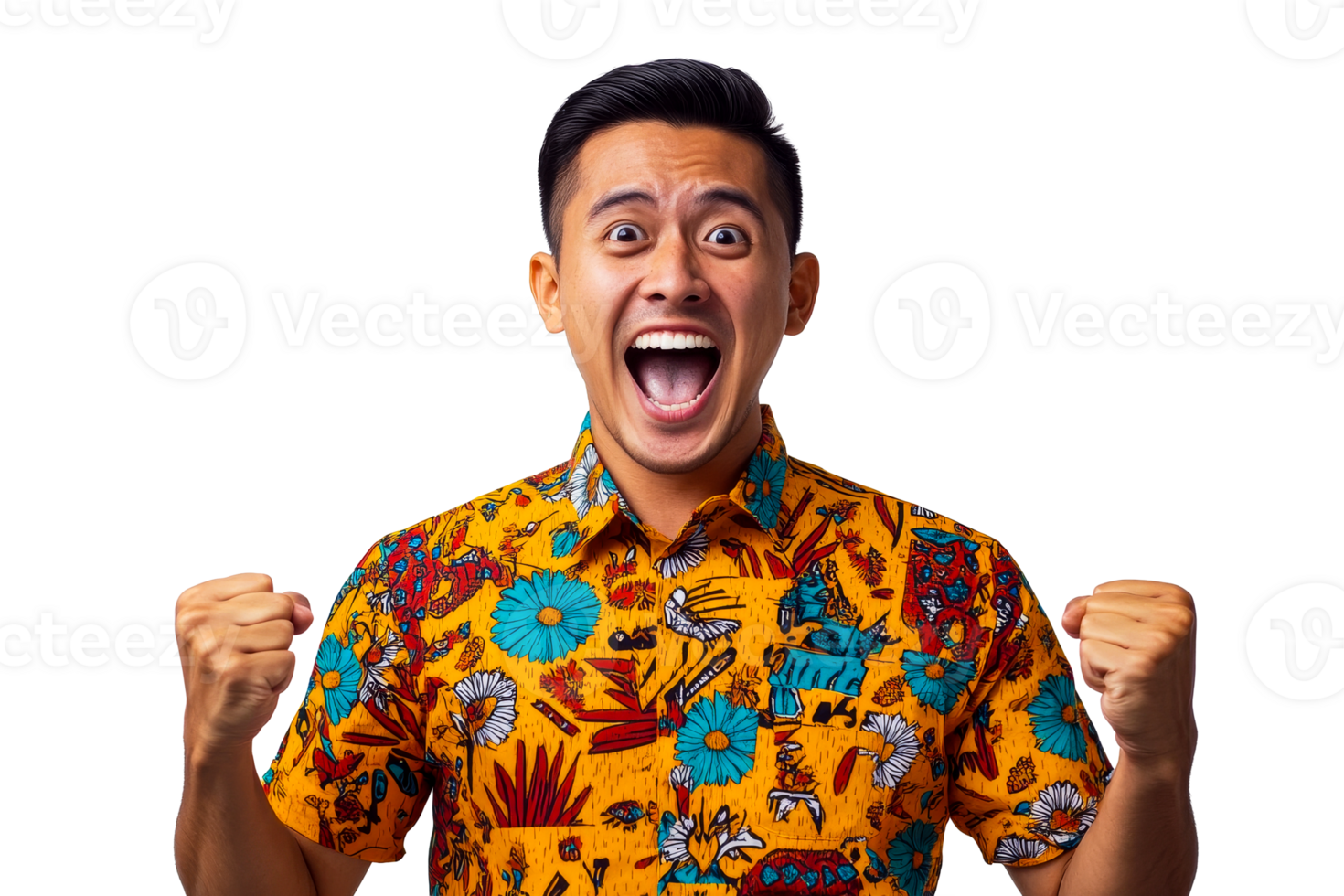 Overjoyed Asian man in vibrant shirt cheering with fists, cut out transparent png