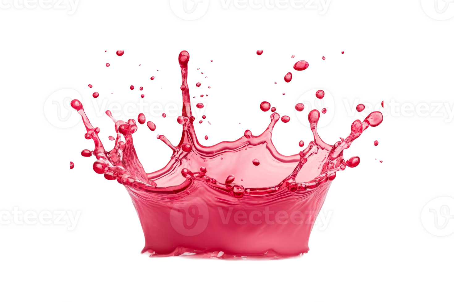 Vibrant crimson liquid crown splash and droplets levitating in space, cut out transparent png