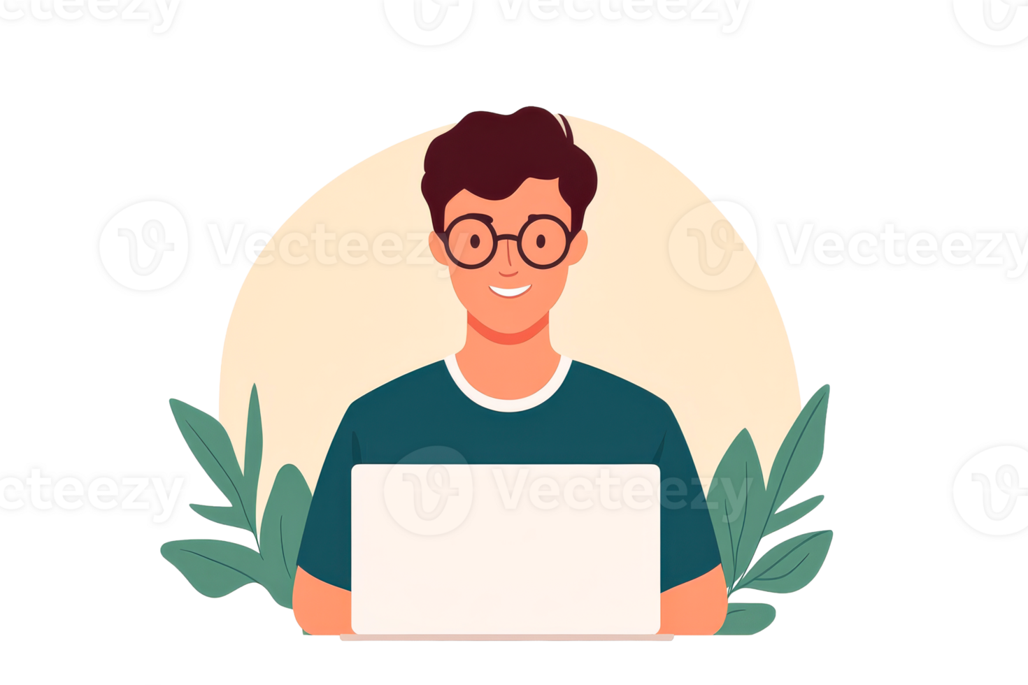 Smiling man with laptop in nature illustration, cut out transparent png