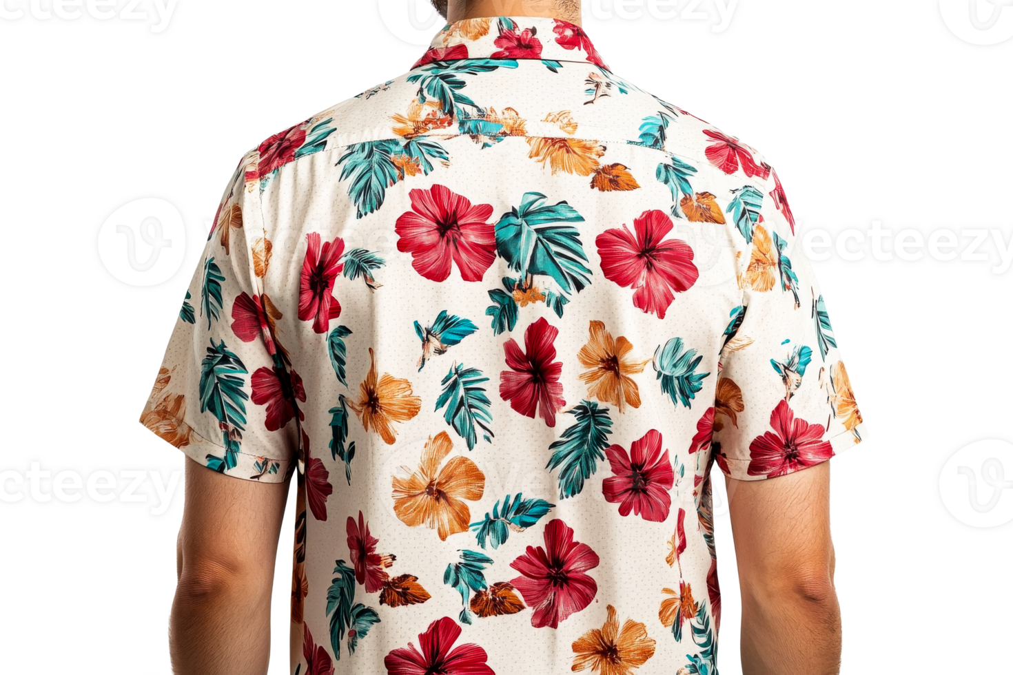 Back view of man in summer shirt with floral pattern, cut out transparent png