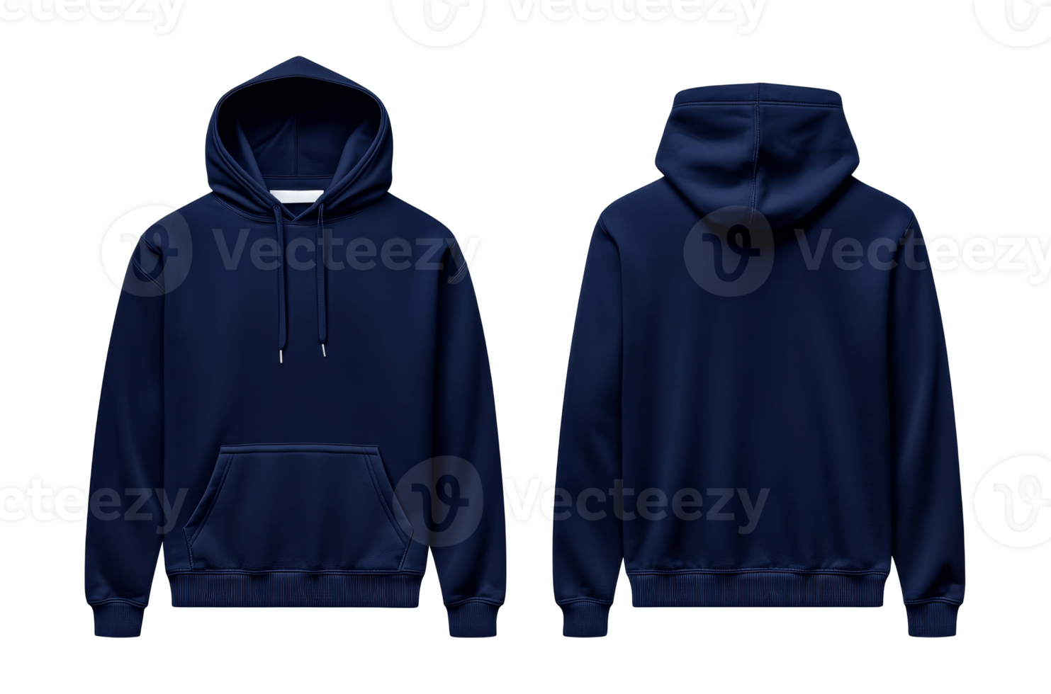Fashionable navy blue hoodie displayed front and back, cut out transparent png