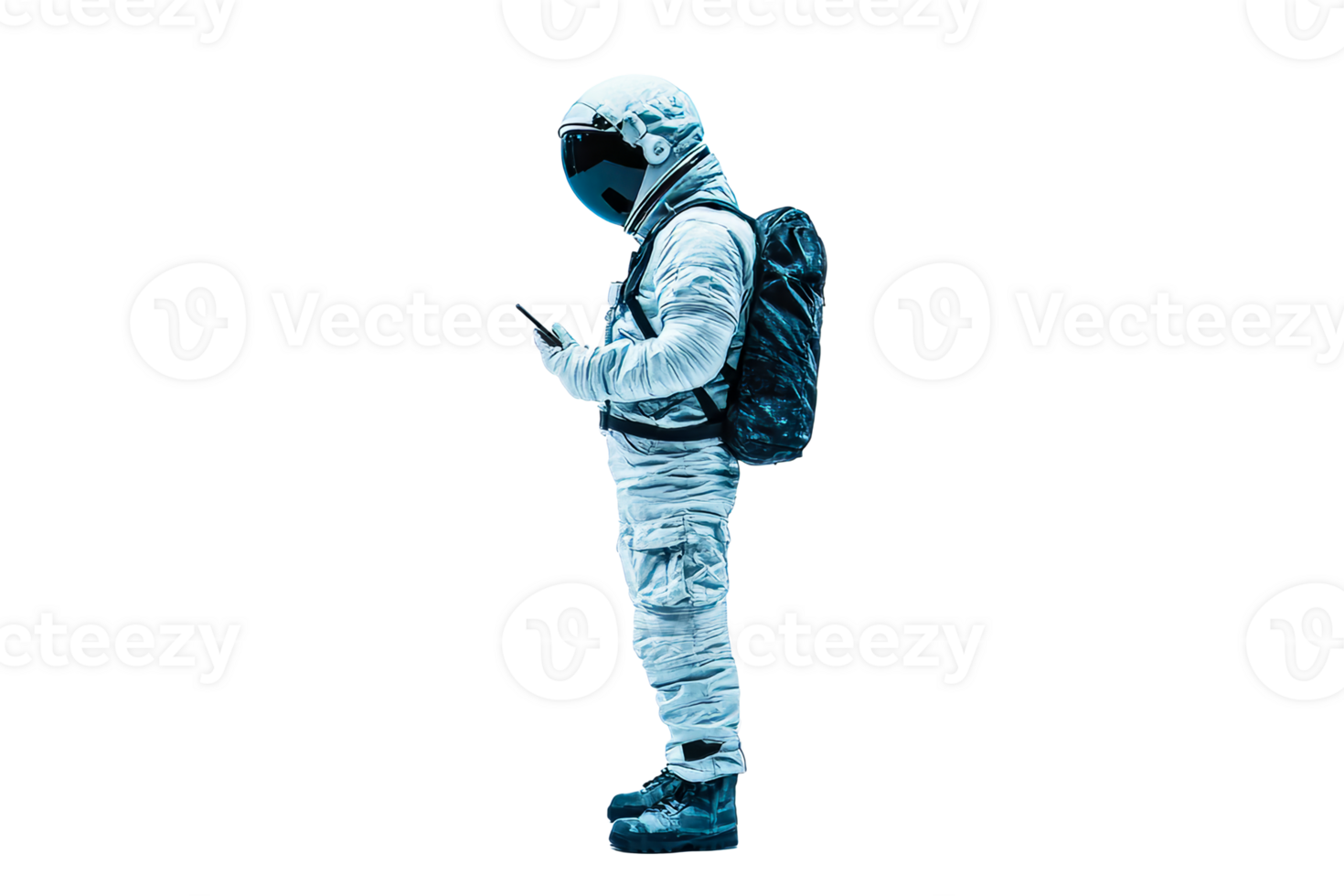 Astronaut engrossed in cell phone on space mission, cut out transparent png