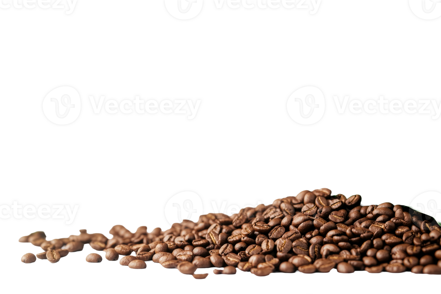 Pile of roasted coffee beans on black, cut out transparent png
