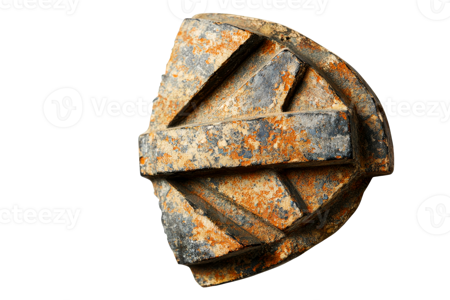 Antique metal emblem with rust and wear, cut out transparent png