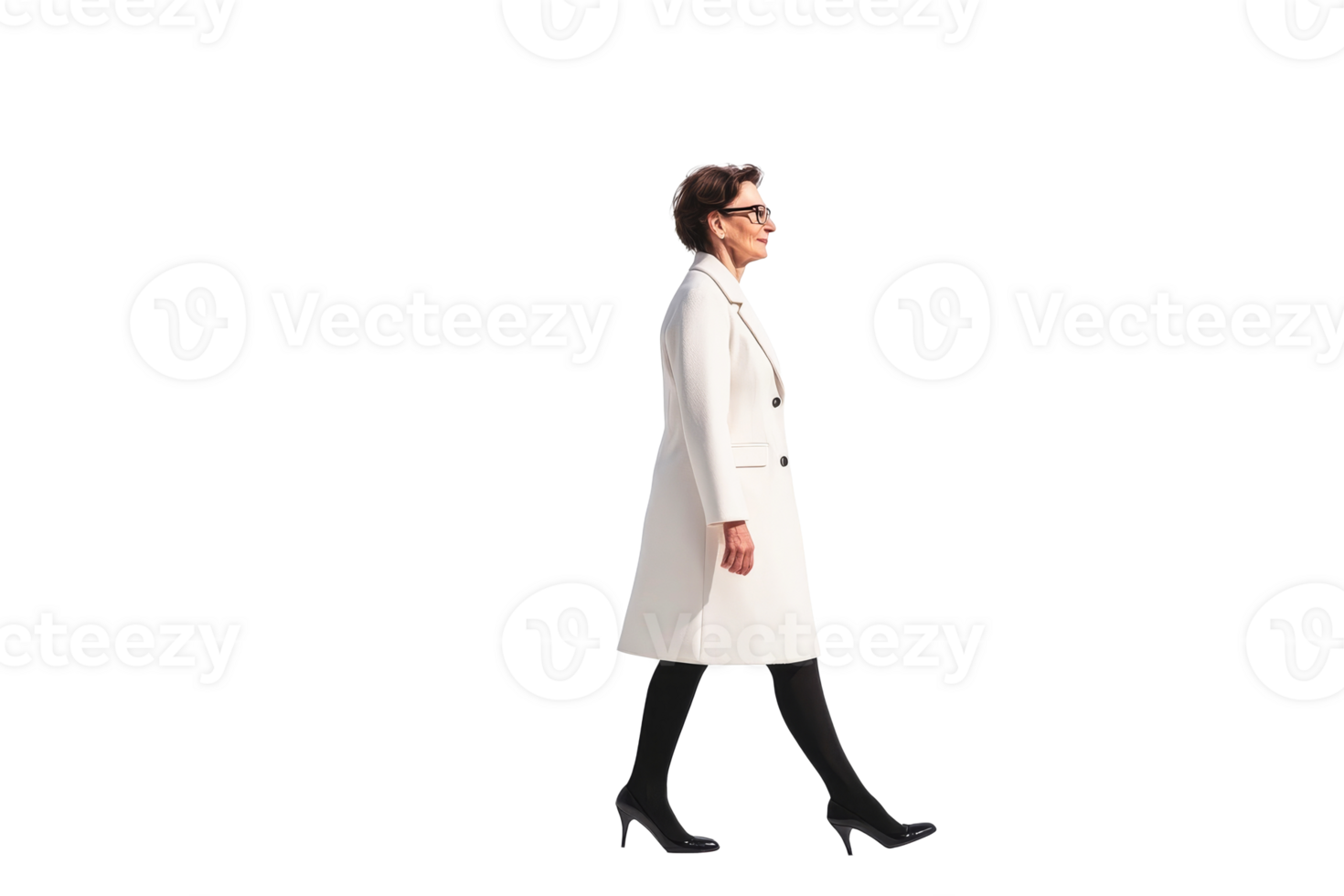 Stylish older lady in white coat walking forward , cut out transparent png