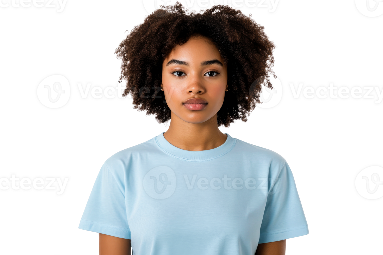 Portrait of a serene African woman with curly hair and blue t-shirt, cut out transparent png