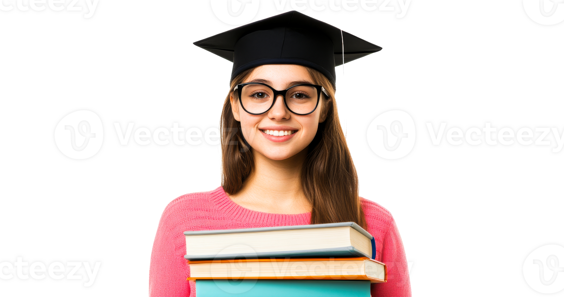 Smiling female graduate with books in a mortarboard cap, cut out transparent png