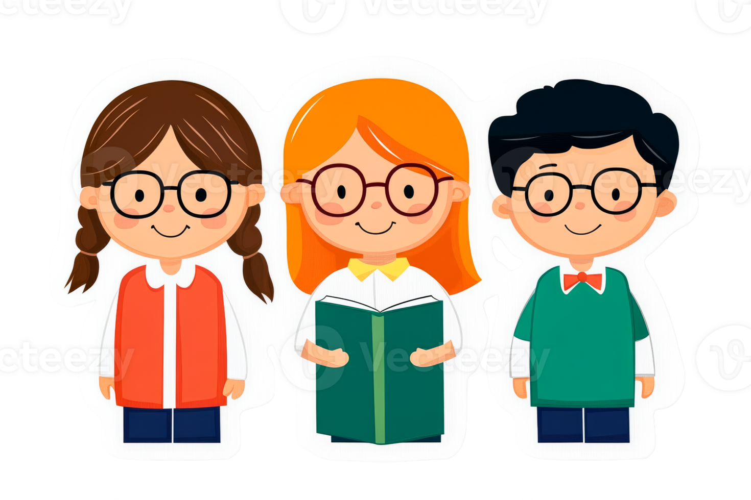 Three Cute Cartoon Schoolkids Ready to Learn and Study, cut out transparent png