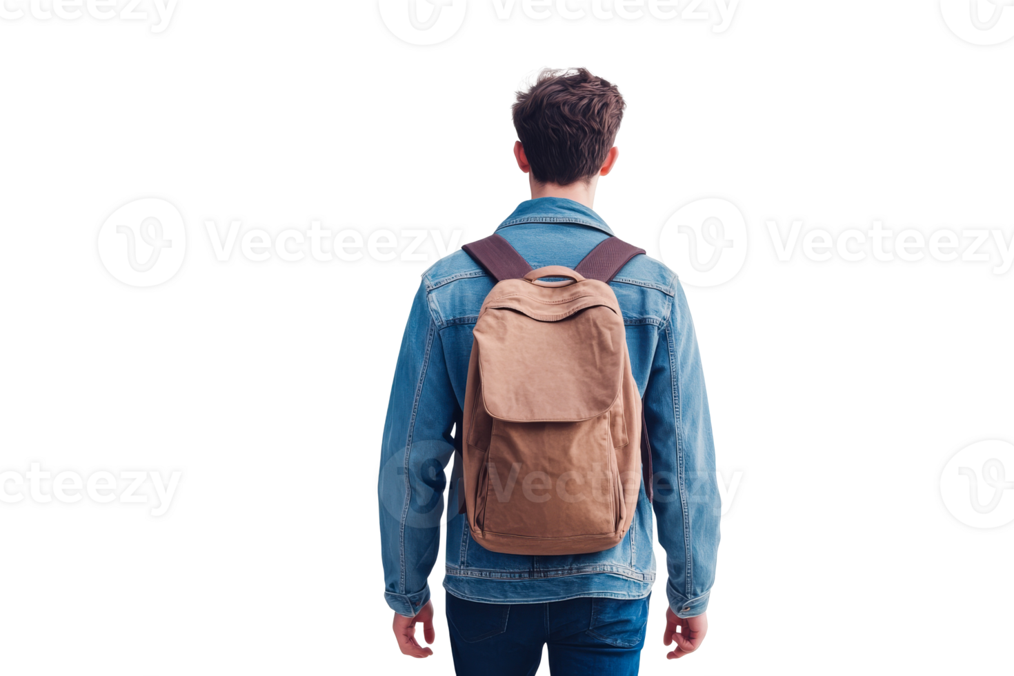 Man in denim jacket with backpack, rear view, cut out transparent png